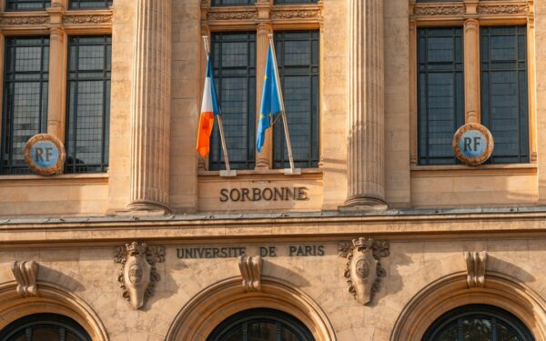 Scholarships in France for Indian students – Sorbonne University building in Paris with French flags